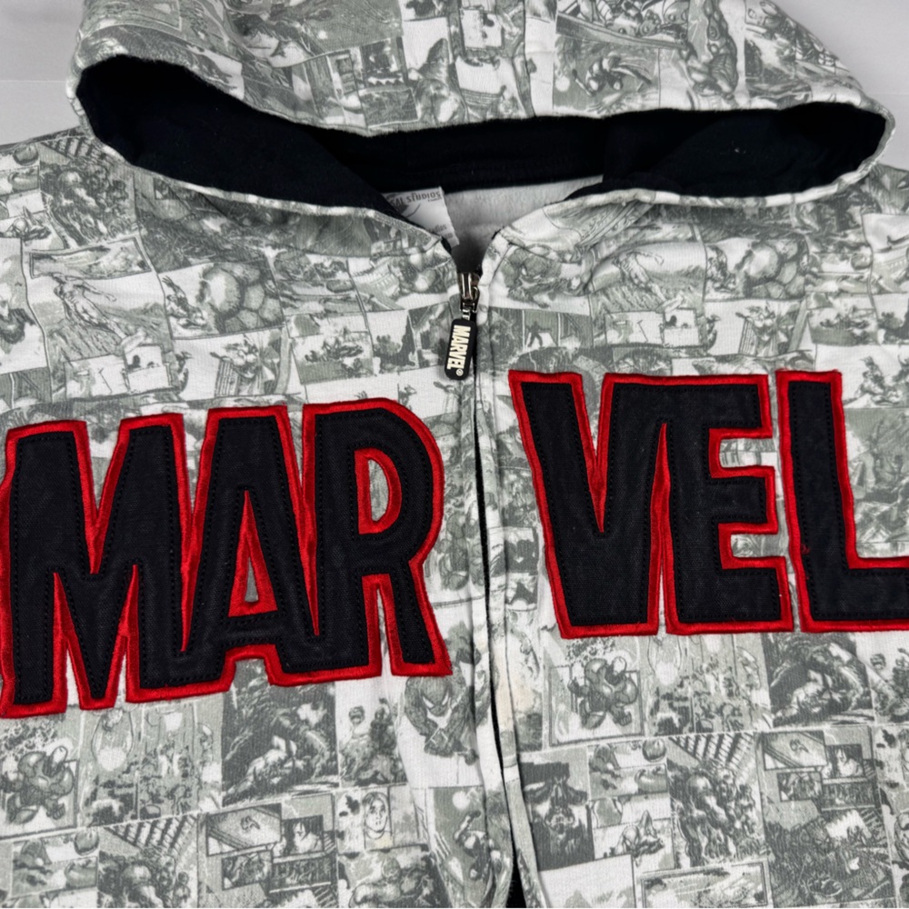 Universal Marvel All-Over Comic Print Zip Hoodie - Gray/Black with Red Logo - Picture 2 of 8